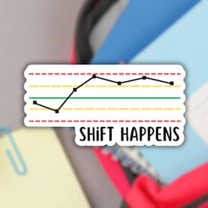 Peut inclure: Un autocollant blanc avec un graphique linéaire noir et l'inscription "SHIFT HAPPENS" en noir. Le graphique comporte une ligne centrale verte, des lignes en pointillés jaunes et rouges et des points noirs. Fond flou.