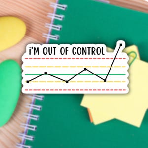 Może przedstawiać: Biała naklejka z czarnym wykresem liniowym idącym w górę i tekstem "I'm out of control". Wykres znajduje się na białym tle z czerwonymi, żółtymi i zielonymi liniami.