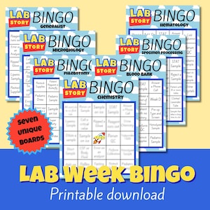 Bingogame-activiteit Labweek 2026: labverhaal, afdrukbare digitale pdf-download, ASCP, MLS, aderlaten
