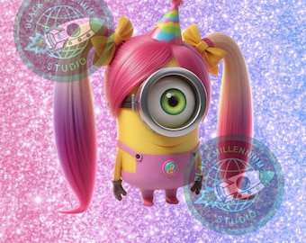 May include: A yellow Minion character with pink hair, a party hat, and a single large eye. The Minion wears pink overalls and has long, pink and purple pigtails. The image includes the text "SVG- PNG FILE" at the bottom.