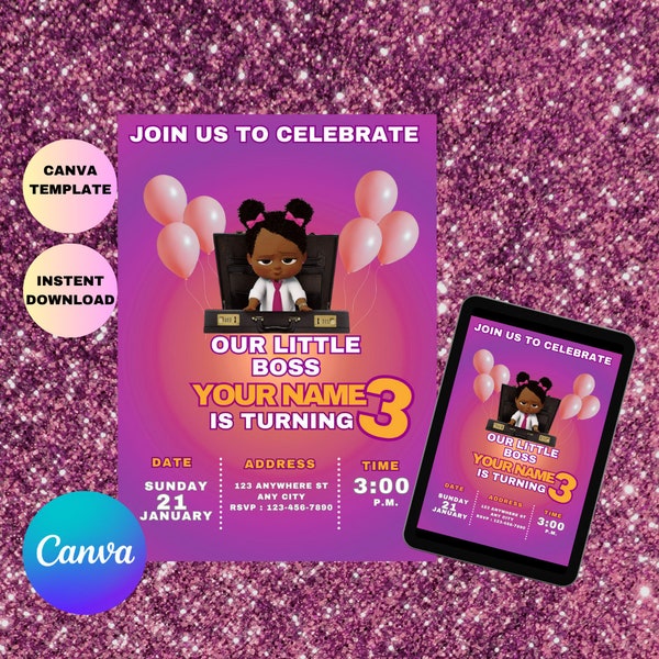 Editable Black girl baby Boss Girl Birthday Invitation | Boss Baby Party invitation | Template Editable- Printable | Invite Instant Download