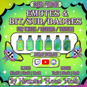 GREEN POTIONS Emotes | Twitch and YouTube Sub & Bit Badges | Streamer Emotes | Discord Emotes | Twitch Graphics for Streamers