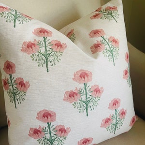 Pink Floral Block Print Linen Pillow Cover