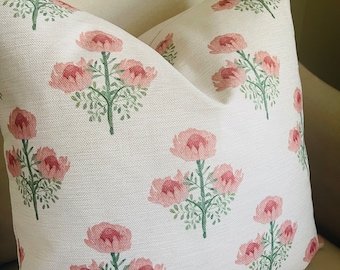 Pink Floral Block Print Linen Pillow Cover