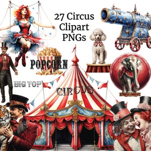 Circus Digital Clipart Set - Elephant, Ringmaster, Clown, Juggling, Gymnast, Tightrope, Junk Journal, Paper Crafts, Circus png, Carnival png