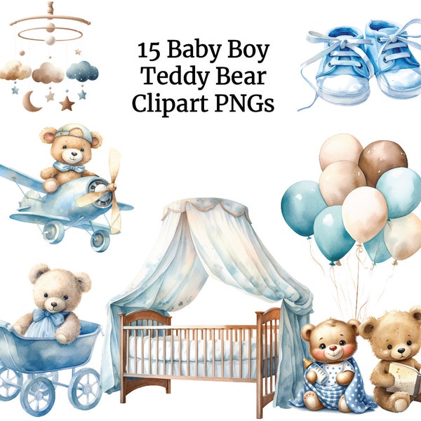 Blue Teddy Bear Clipart, Boy Birthday Clipart, Sleepy Teddy Bears, Baby Bear PNG, Cute Watercolor Teddy Bear Bundle, Boy Baby Shower Clipart