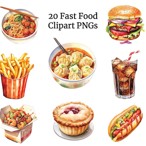 Watercolor Fast Food Clipart, Fast Food Clipart, Burger Clipart, Pizza Clipart, Tacos, Hotdog, Sandwich, Ice Cream, Pasta