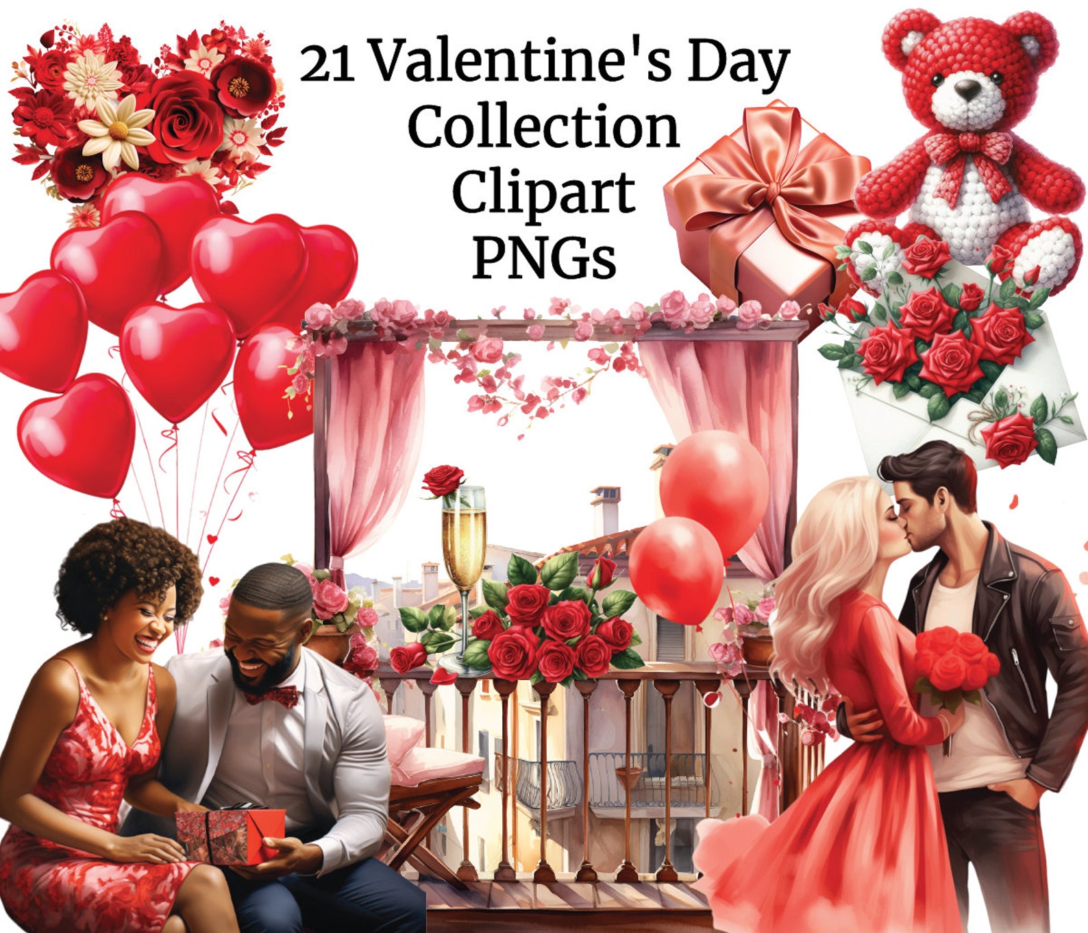 Watercolor Valentine's Day Clipart, Red Roses, Love Notes, Romantic ...