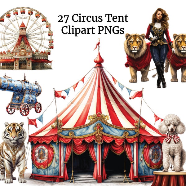 Circus Clipart, Elephant, Ringmaster, Clown, Juggling, Gymnast, Tightrope, Junk Journal, Paper Crafts, Circus png, Carnival png