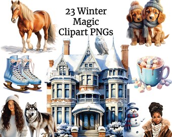 Ensemble de cliparts magiques d’hiver, clipart d’hiver, aquarelle d’hiver, clipart de neige, clipart du pays des merveilles d’hiver, forêt d’hiver, paysage d’hiver