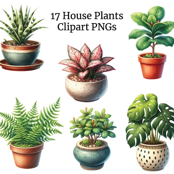 House Plants Clipart, Indoor Plants, Potted plants, Modern Home Decor, Home Garden, Houseplants Png, Plant Pots, Watercolor House Plants