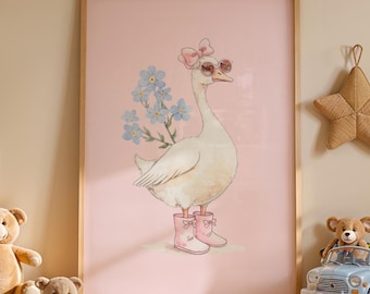 Cute Goose Poster - Pink Girl Nursery Decor, Farm Animal Printable, Kid's Room Illustration, Goose Children's Room, Farmhouse Nursery Print
