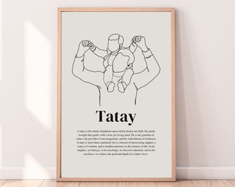 Op de afbeelding: Een ingelijste kunstdruk met een minimalistische lijntekening van een vader die een kind op zijn schouders draagt. Het woord "Tatay" staat onder de illustratie, met tekst die de rol van een vader beschrijft.