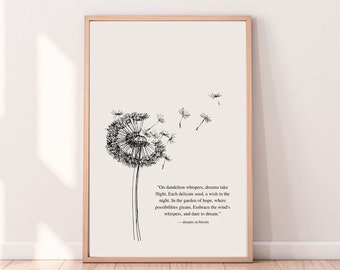 Dandelion Wall Art Print - Wildflower Botanical Poster, Dandelion Wish Quote, Positivity Quote Gift, Rustic Home Decor, Farmhouse Wall Decor