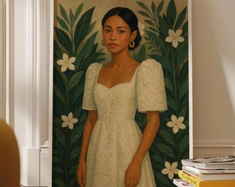 May include: A framed art print depicting a woman in a white dress with puff sleeves, set against a backdrop of green foliage and white flowers. The artwork has a vintage aesthetic, with a soft colour palette.