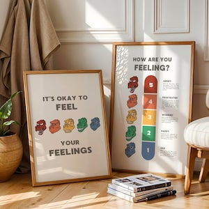 Juego de 3 pósteres de sentimientos, tabla de emociones, decoración Montessori para el hogar, decoración del aula, rincón de la calma, zonas de regulación, descarga digital