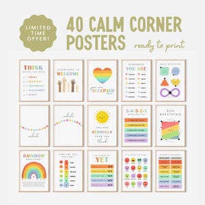 Set van 40 rustgevende hoekposters, klasdecor voor zelfregulatie, sociaal-emotioneel leren. Bundel met gevoelensgrafiek, afdrukbare muurkunst