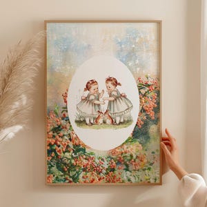 Twins Poster Print - Floral Nursery Decor, Sisters Wall Art, Vintage Playroom Art, Twins Room Decor, Whimsical Nursery Decor, Twins Print