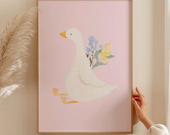 Cute Goose Poster - Pink Girl Nursery Decor, Farm Animal Printable, Kid's Room Illustration, Goose Children's Room, Farmhouse Nursery Print