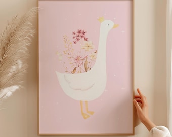 Cute Goose Poster - Pink Girl Nursery Decor, Farm Animal Printable, Kid's Room Illustration, Goose Children's Room, Farmhouse Nursery Print