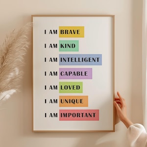 Affirmations for Kids, Rainbow Affirmations Print, I am Kind Smart Loved, Inspirational Nursery Decor, Printable Wall Art, Digital Download