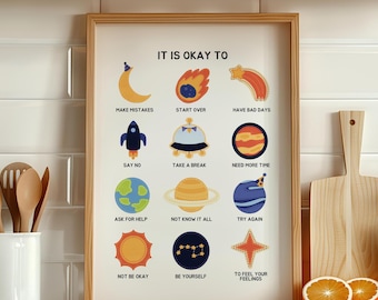 May include: A white poster with the text "It is okay to" in black. The poster is divided into a grid of 12 squares, each containing a different coloured illustration of a planet or star with a phrase below it. The phrases include "Make mistakes", "Start over", "Have bad days", "Say no", "Take a break", "Need more time", "Ask for help", "Not know it all", "Try again", "Not be okay", "Be yourself", and "To feel your feelings".