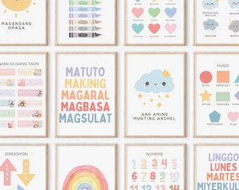 Tagalog Educational Wall Art Set of 12 Prints - Philippines Wall Decor Posters, Filipina Playroom Printables, Nursery Wall Art Prints