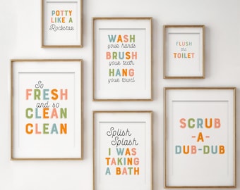 Kids Bathroom Wall Prints, Bathroom Art Set, Set of 6, Splish Splash, Scrub a Dub Dub, Kids Bathroom Decor, Children's Bathroom Wall Art