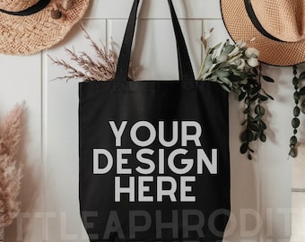 Black Tote Bag Mockup - Lifestyle Mockup, Canvas Tote Bag Mock, Print on Demand Mock, Black Canvas Tote Bag Mockup, Black Tote Bag Mock