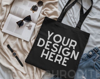 Black Tote Bag Mockup - Lifestyle Mockup, Canvas Tote Bag Mock, Print on Demand Mock, Black Canvas Tote Bag Mockup, Black Tote Bag Mock