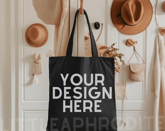 Black Tote Bag Mockup - Lifestyle Mockup, Canvas Tote Bag Mock, Print on Demand Mock, Black Canvas Tote Bag Mockup, Black Tote Bag Mock