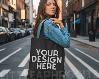Black Tote Bag Mockup - Lifestyle Mockup, Canvas Tote Bag Mock, Print on Demand Mock, Black Canvas Tote Bag Mockup, Black Tote Bag Mock