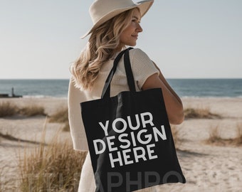 Black Tote Bag Mockup - Lifestyle Mockup, Canvas Tote Bag Mock, Print on Demand Mock, Black Canvas Tote Bag Mockup, Black Tote Bag Mock