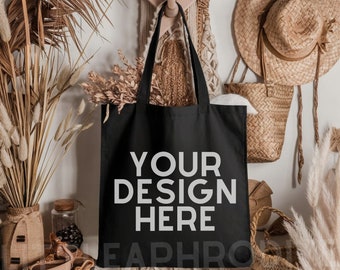 Black Tote Bag Mockup - Lifestyle Mockup, Canvas Tote Bag Mock, Print on Demand Mock, Black Canvas Tote Bag Mockup, Black Tote Bag Mock