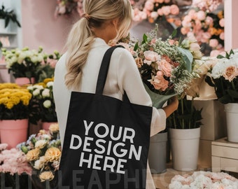 Black Tote Bag Mockup - Lifestyle Mockup, Canvas Tote Bag Mock, Print on Demand Mock, Black Canvas Tote Bag Mockup, Black Tote Bag Mock