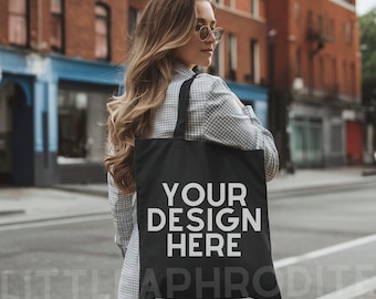 Black Tote Bag Mockup - Lifestyle Mockup, Canvas Tote Bag Mock, Print on Demand Mock, Black Canvas Tote Bag Mockup, Black Tote Bag Mock