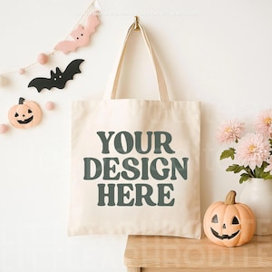 Halloween Canvas Tote Bag Mockup, Canvas Natural Shopping Bag Mockup, Spooky Season Mockup, Trick Or Treat, Mockup Template Download