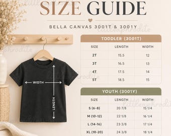 Bella + Canvas 3001T Size Chart, Bella Canvas Toddler Size Guide, 3001T Size Guide, Unisex Boy Girl T-shirt Size Chart, Bulk Size Chart JPEG
