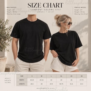 May include: A black Comfort Colors 1717 unisex t-shirt shown on two individuals. The image includes a size chart with width and length measurements in inches for sizes S through 3X, alongside model height, weight, and size information.