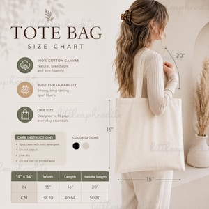 May include: A cream-coloured tote bag made of 100% cotton canvas, designed for everyday use. The bag measures 38.10cm x 40.64cm with a 50.80cm handle. The size chart details care instructions and colour options. The bag is natural, breathable, and eco-friendly.