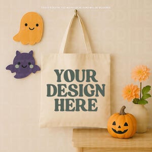 Halloween Canvas Tote Bag Mockup, Canvas Natural Shopping Bag Mockup, Spooky Season Mockup, Trick Or Treat, Mockup Template Download