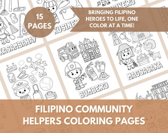Op de afbeelding: Zwart-wit kleurplaten met Filipijnse gemeenschapshulpen. De pagina's bevatten illustraties van een brandweerman, een piloot, een kok en andere beroepen. De tekst luidt: "Bringing Filipino heroes to life, one color at a time!" en "Filipino Community Helpers Coloring Pages."