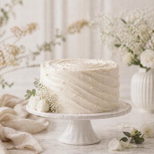 Op de afbeelding: Een ronde, wit geglazuurde taart met een spiraalvormig ontwerp op een witte taartstandaard. De taart is versierd met kleine witte parels en witte bloemen. De taart is een gelaagde taart, perfect voor een bruiloft of speciale gelegenheid.