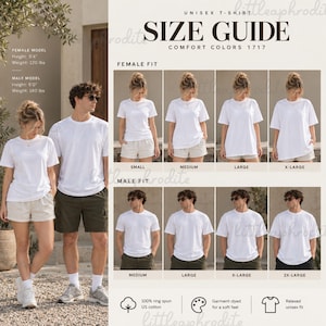 Op de afbeelding: Een maattabel voor Comfort Colors 1717 unisex t-shirts met een raster van foto's die vrouwelijke en mannelijke modellen tonen in verschillende maten van S tot 2XL. De tabel bevat gegevens over lengte, gewicht, stof en pasvorm.