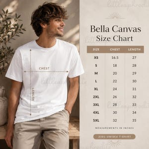 Pode incluir: Uma t-shirt branca de manga curta com uma tabela de tamanhos intitulada Bella Canvas Size Chart. A tabela lista os tamanhos de XS a 5XL com medidas de peito e comprimento em polegadas. Setas na t-shirt indicam como medir o peito e o comprimento.
