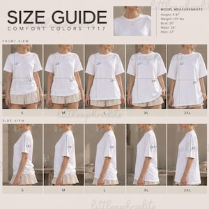 Puede incluir: Una guía de tallas para camisetas Comfort Colors 1717, que muestra vistas frontales y laterales de las tallas S a 2XL. La tabla incluye medidas específicas en pulgadas para largo y ancho, junto con las medidas del modelo: 5'8 de altura, 125 lbs de peso, 35 pulgadas de busto, 28 pulgadas de cintura y 37 pulgadas de cadera.