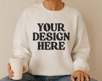 Sweat-shirt Gildan 18000 ras du cou maquette tendance preppy simulé esthétique maquette bohème maquette tendance sweat surdimensionné maquette sportive blanc