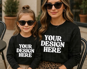 Mom and Me Black Sweatshirt Mockup, Gildan Crewneck Mockups, 18000 18000b Matching Sweater, G180 Mommy Daughter, Trendy Mama Mini Mock