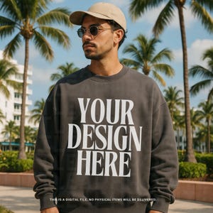 Gildan 18000 Dark Heather Sweatshirt Mockup, G18000 Grey Crewneck Mock-up, Real Person Model Mock, Trendy Minimalist True Color Aesthetic