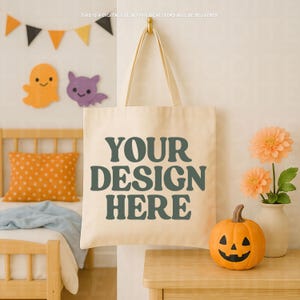 Halloween Canvas Tote Bag Mockup, Canvas Natural Shopping Bag Mockup, Spooky Season Mockup, Trick Or Treat, Mockup Template Download
